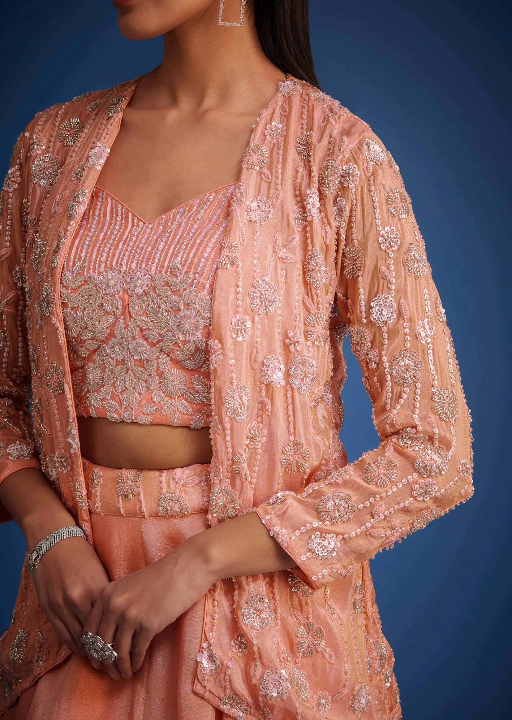Peach Raw Silk Embroidered Jacket Lehenga Set