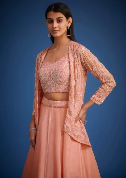 Peach Raw Silk Embroidered Jacket Lehenga Set