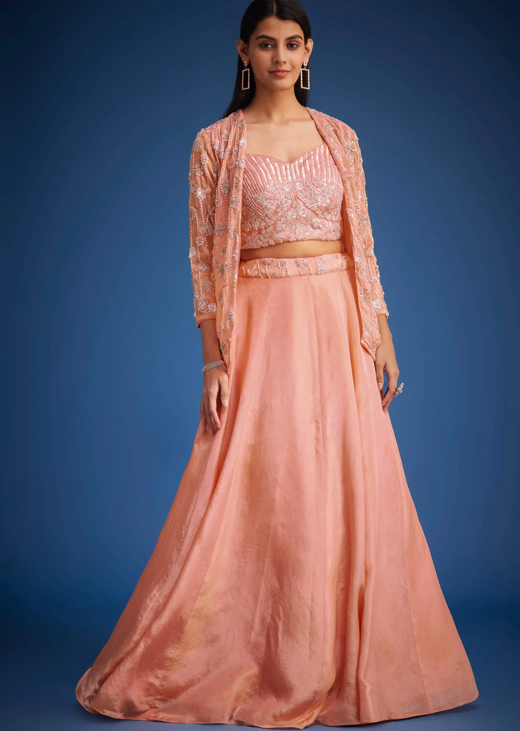 Peach Raw Silk Embroidered Jacket Lehenga Set
