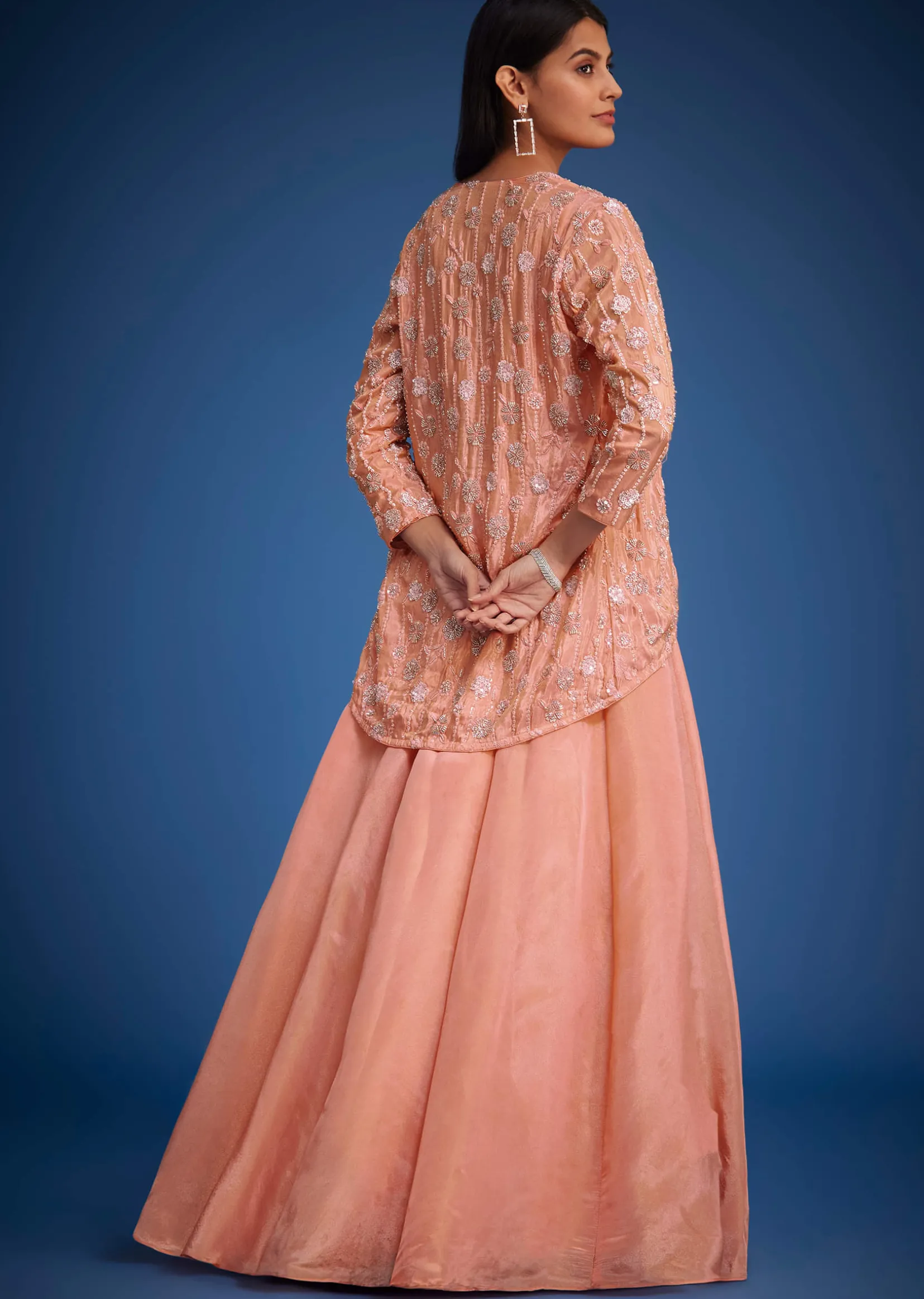 Peach Raw Silk Embroidered Jacket Lehenga Set