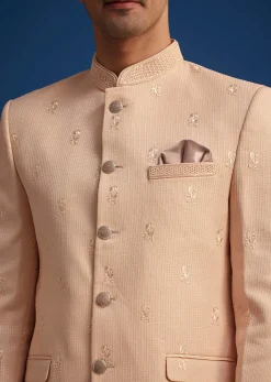 Peach Rayon Jodhpuri With Self Embroidery