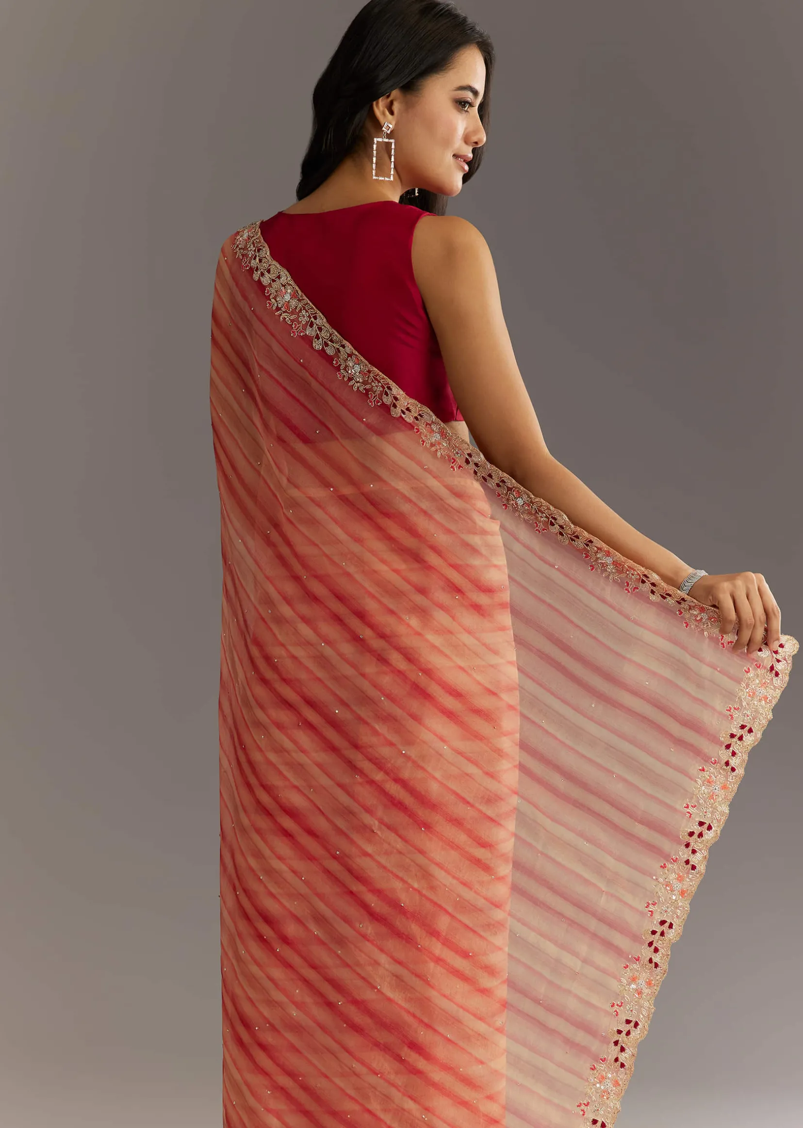 Peach Red Shaded Shibori Print Tissue Saree With Embroidered Scallop Border