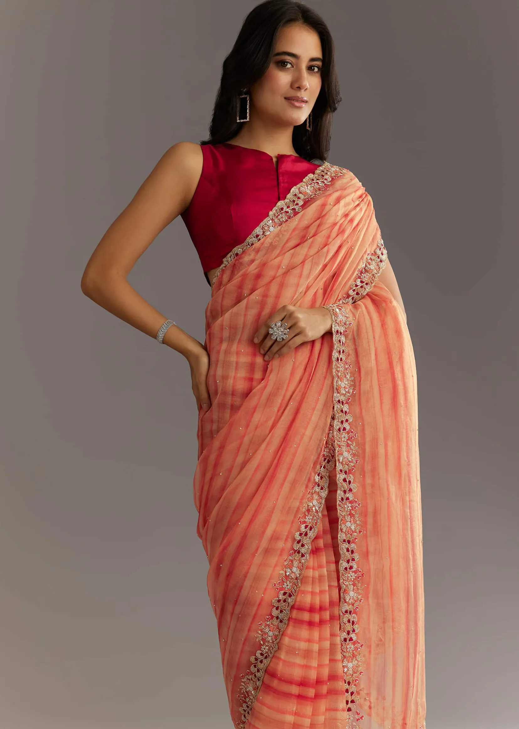 Peach Red Shaded Shibori Print Tissue Saree With Embroidered Scallop Border