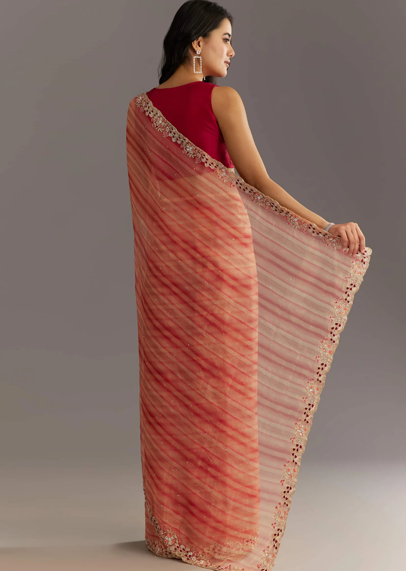 Peach Red Shaded Shibori Print Tissue Saree With Embroidered Scallop Border