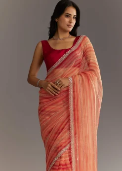 Peach Red Shaded Tissue Saree With Cutwork Scallop Border