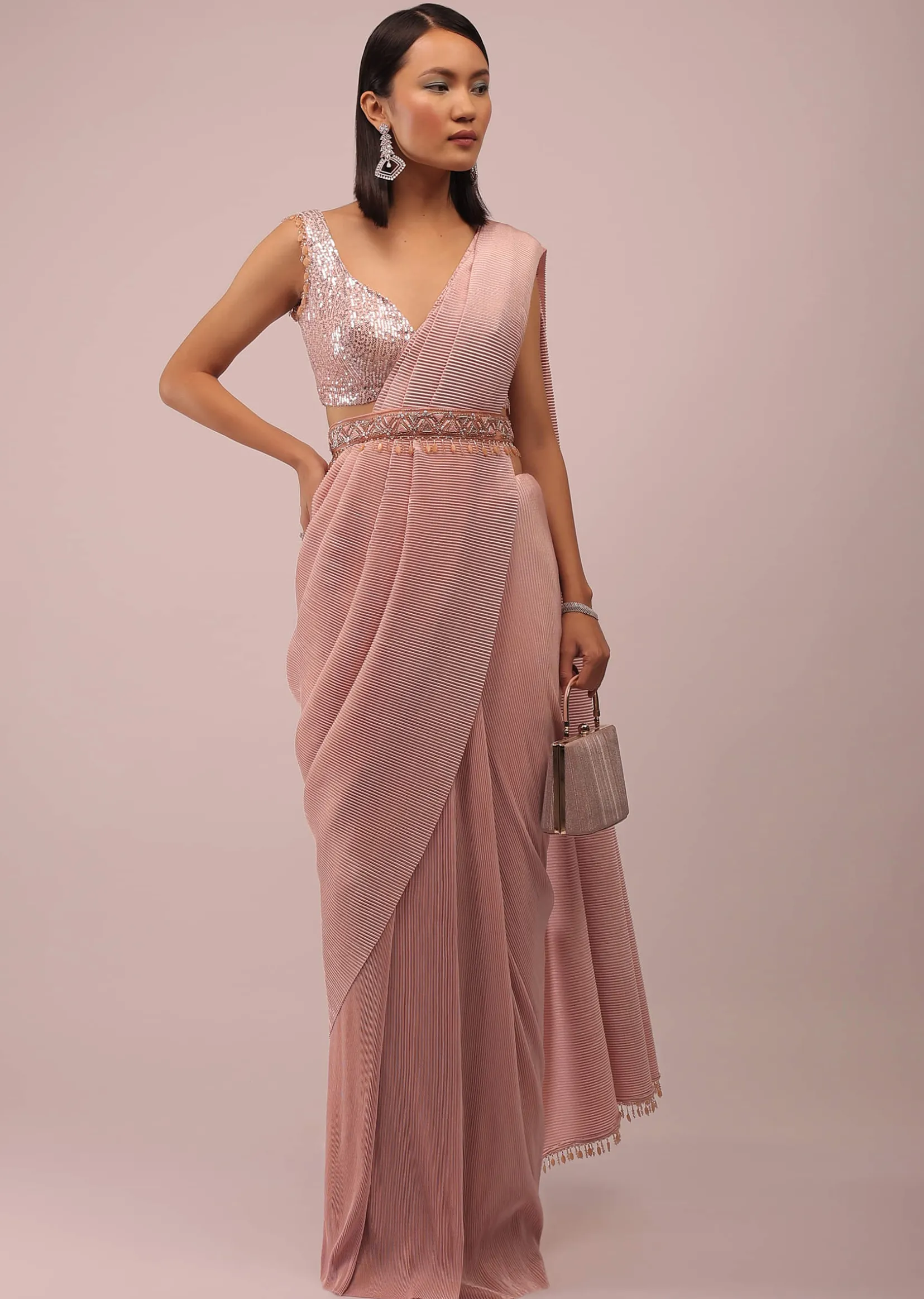 Peach Saree With A Crop Top Crafted In Net With Sequins Embroidery
