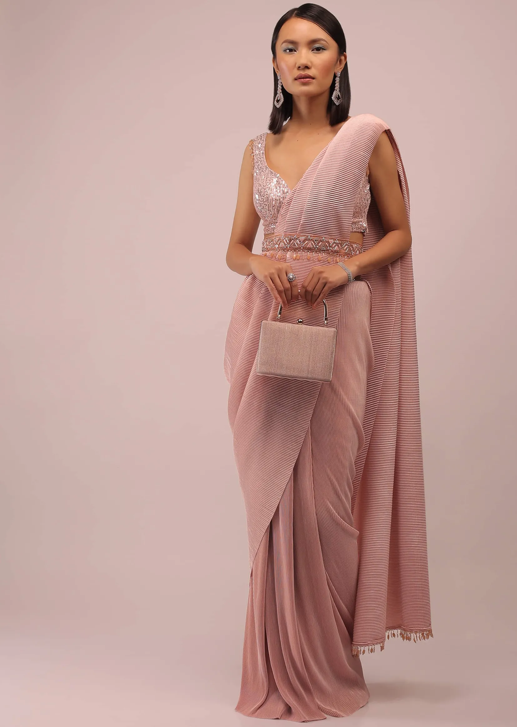 Peach Saree With A Crop Top Crafted In Net With Sequins Embroidery