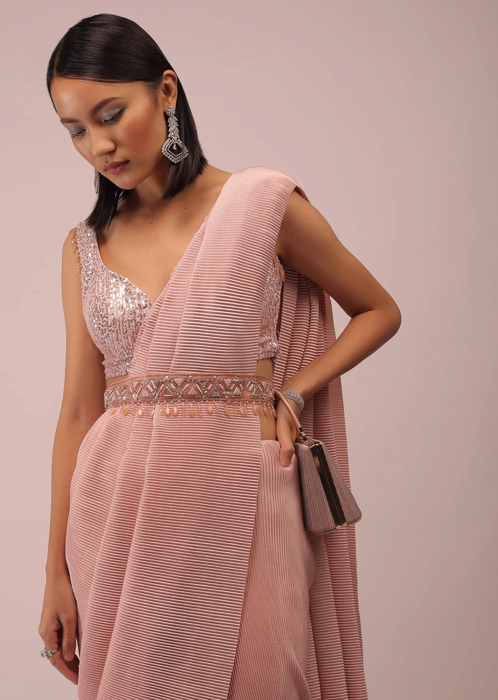 Peach Saree With A Crop Top Crafted In Net With Sequins Embroidery
