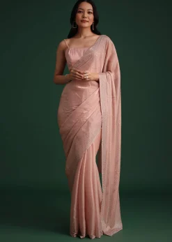 Peach Satin Heavy Embroidered Saree With Stones And Diamonds All Over