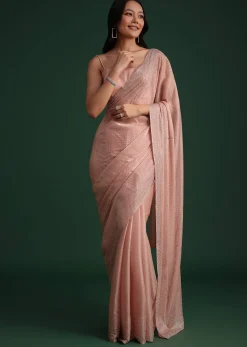Peach Satin Heavy Embroidered Saree With Stones And Diamonds All Over