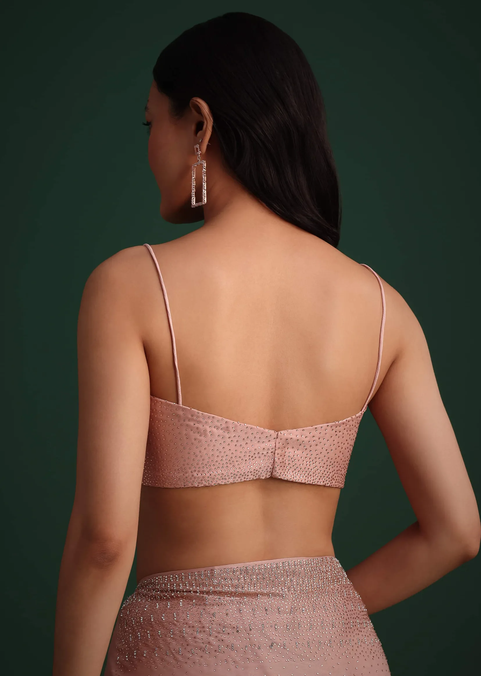 Peach Satin Heavy Embroidered Saree With Stones And Diamonds All Over