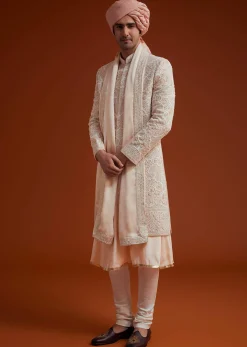Peach Sherwani With Bead And Thread Embroidery