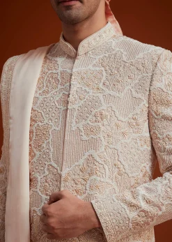 Peach Sherwani With Bead And Thread Embroidery