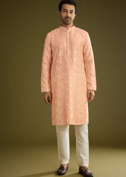 Peach Silk Blend Kurta Set With Mirror Work