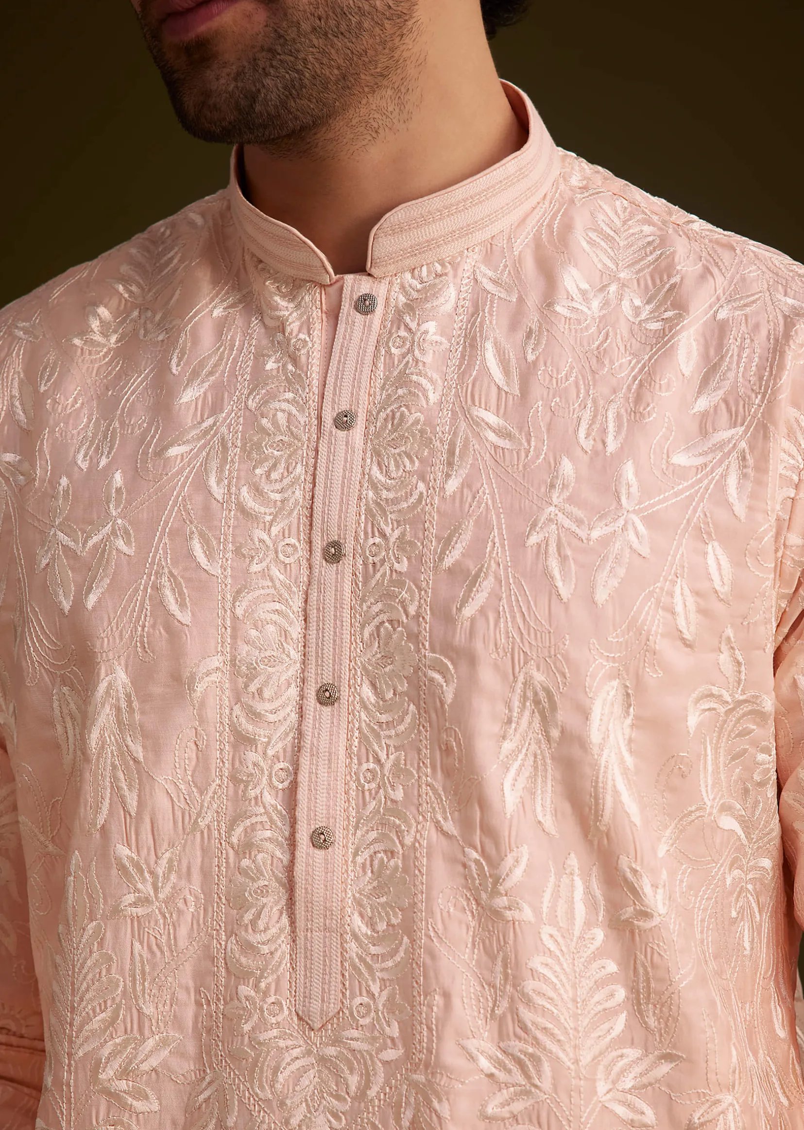 Peach Silk Embroidered Kurta Set