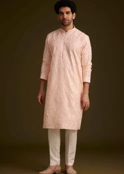 Peach Silk Embroidered Kurta Set