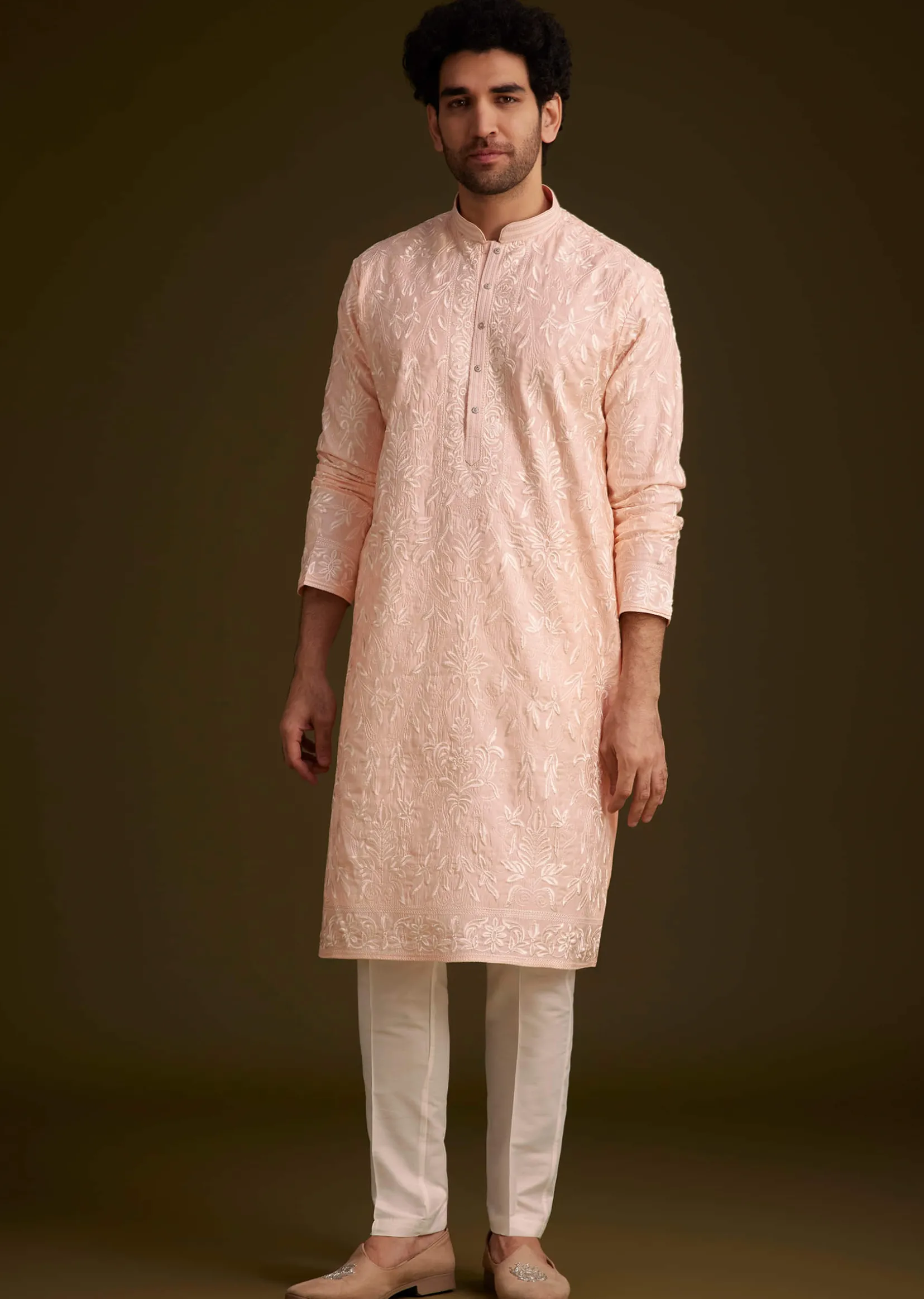 Peach Silk Embroidered Kurta Set