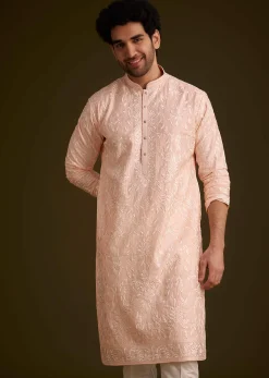 Peach Silk Embroidered Kurta Set