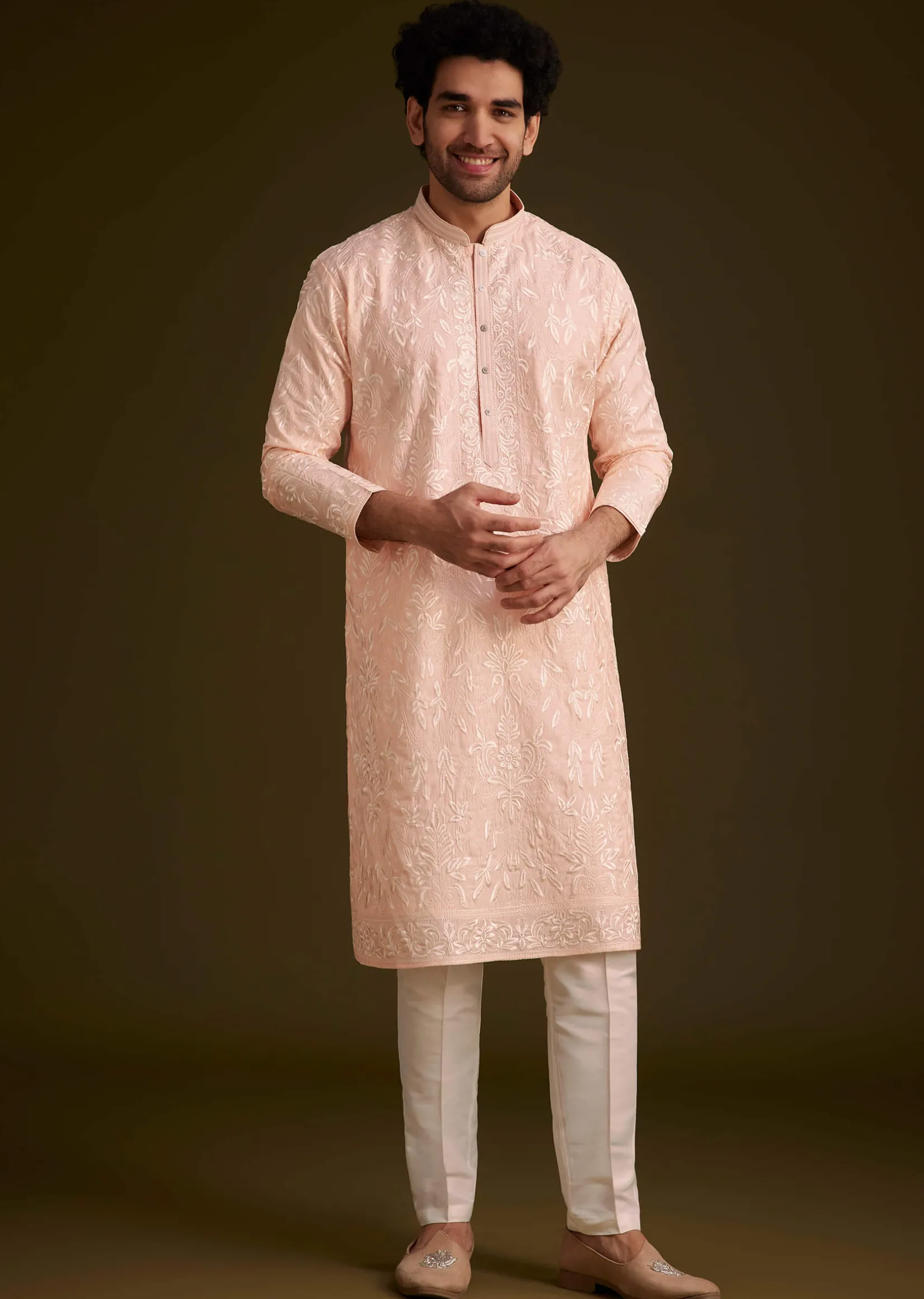 Peach Silk Embroidered Kurta Set