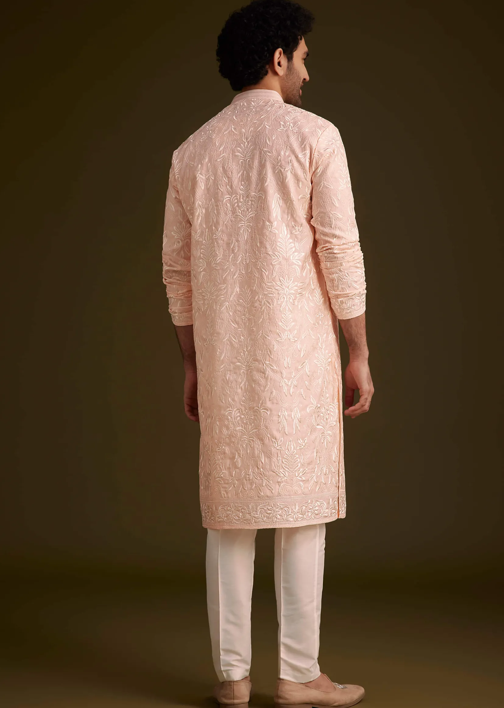 Peach Silk Embroidered Kurta Set