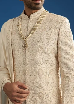 Peach Silk Groom Sherwani Set With Thread And Zardosi Work