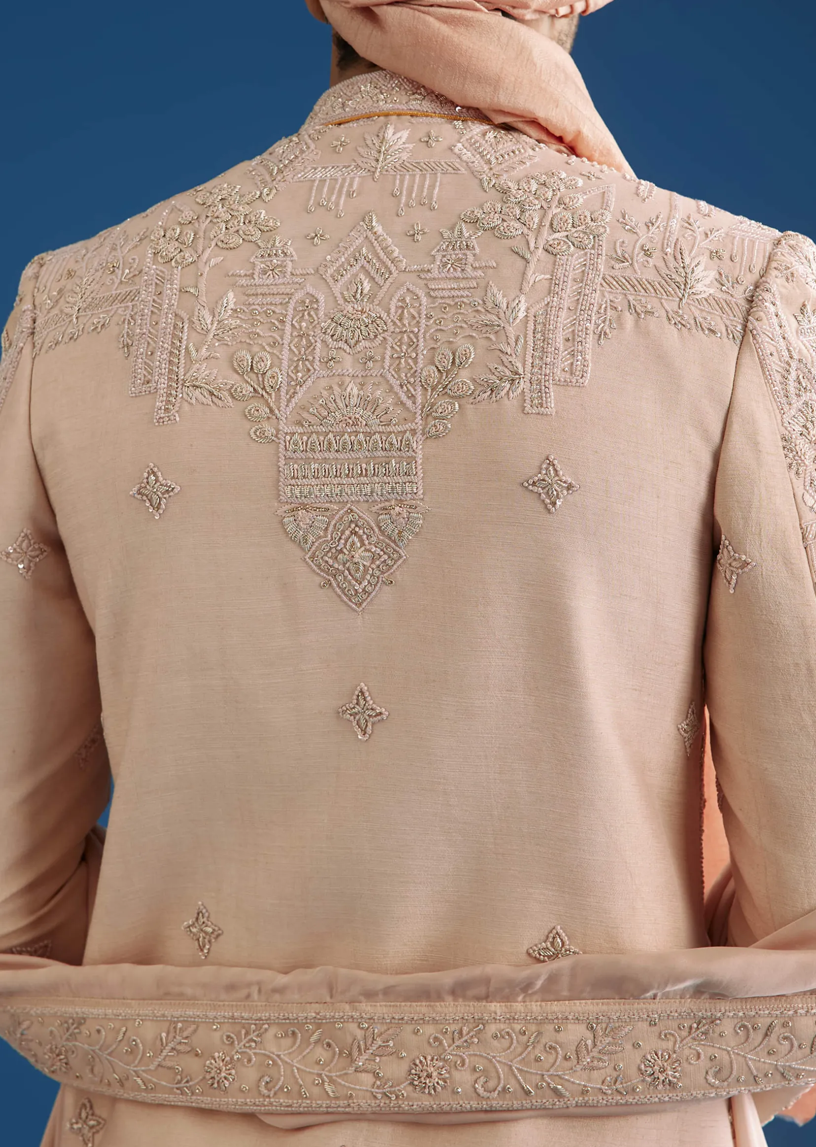 Peach Silk Groom Sherwani Set With Zardosi Embroidery