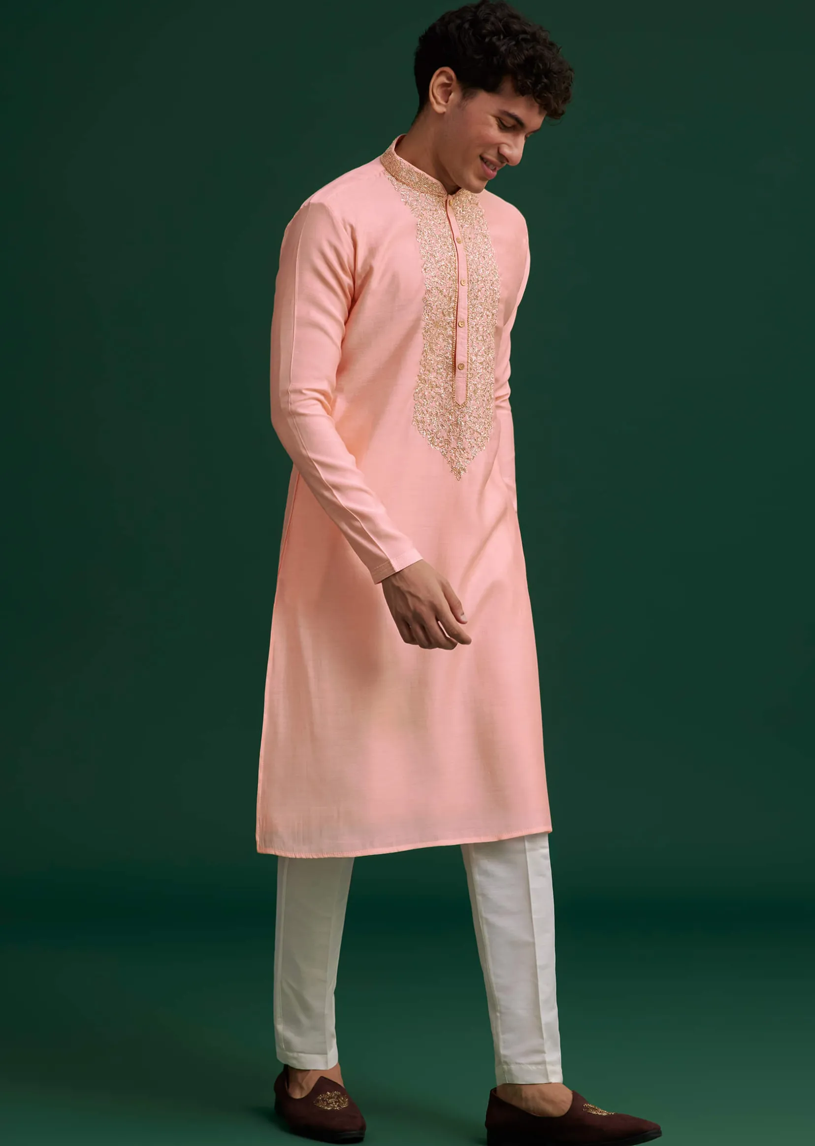 Peach Silk Hand Embroidered Yoke Kurta Set