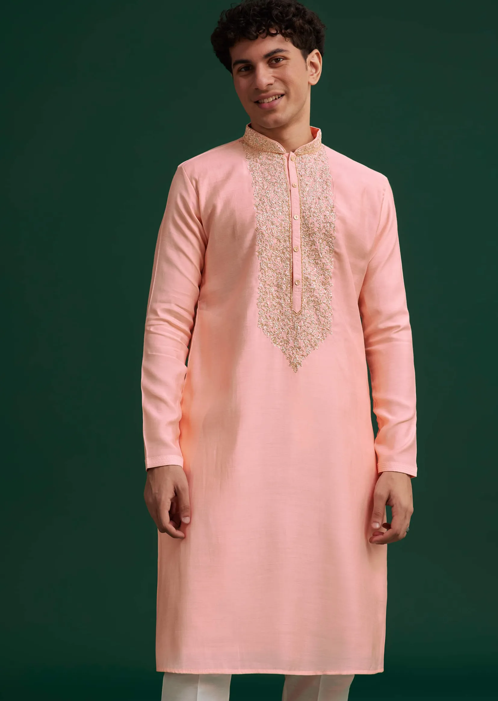 Peach Silk Hand Embroidered Yoke Kurta Set