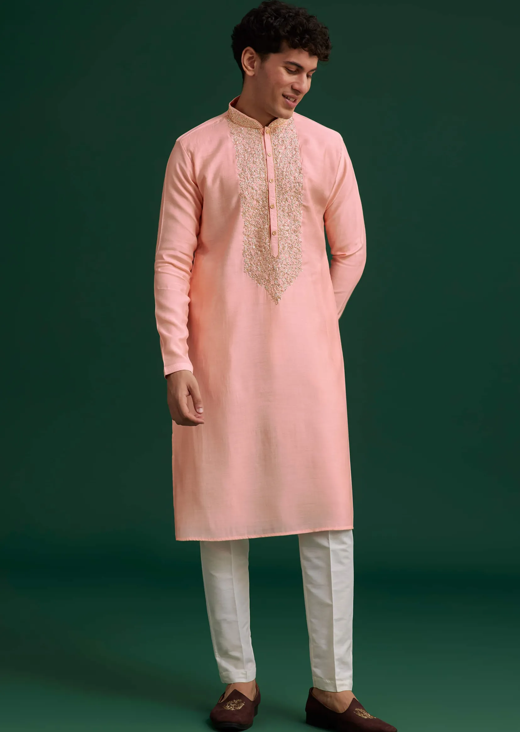 Peach Silk Hand Embroidered Yoke Kurta Set