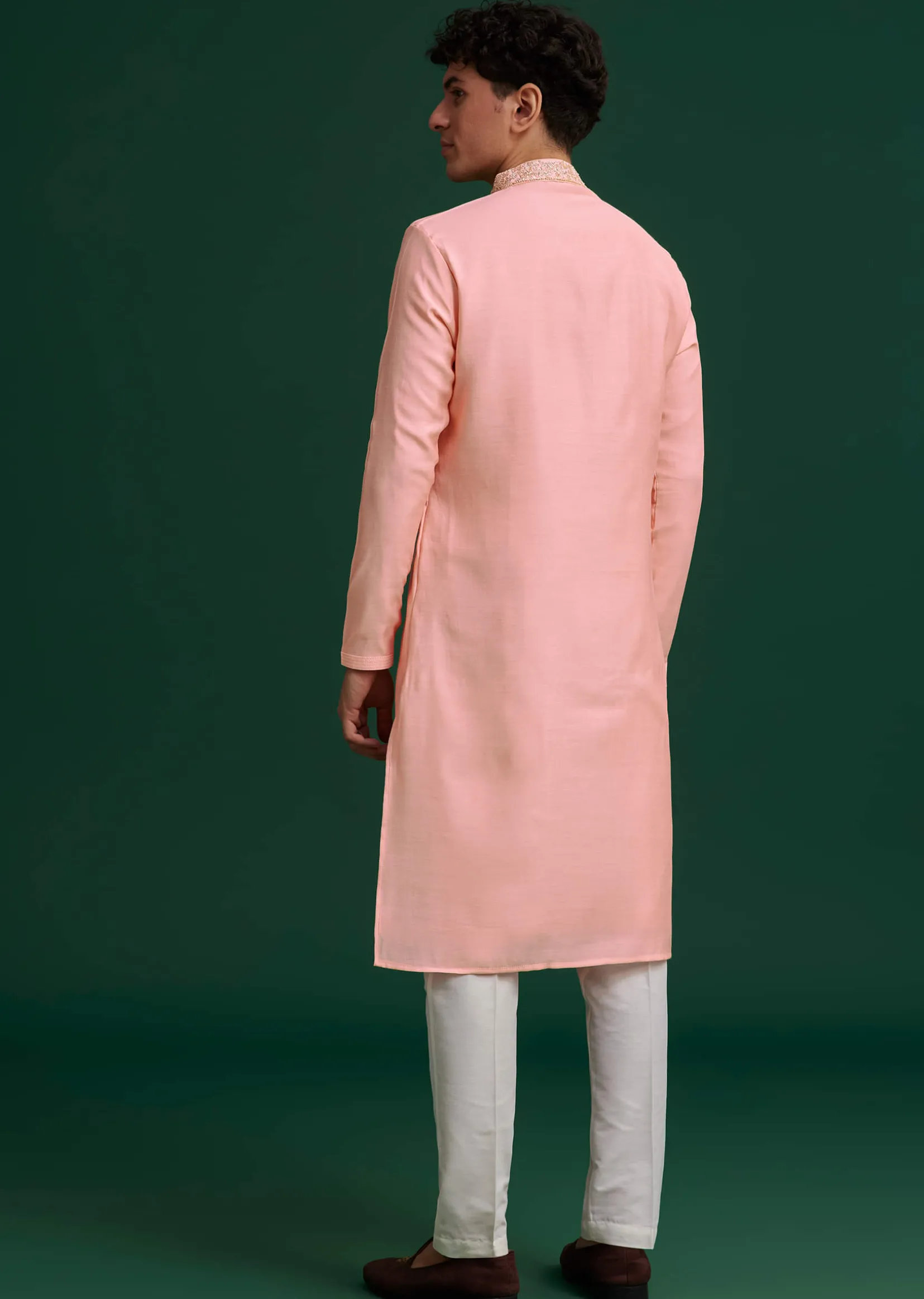 Peach Silk Hand Embroidered Yoke Kurta Set