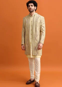 Peach Silk Indowestern Set With Hand Work For Men