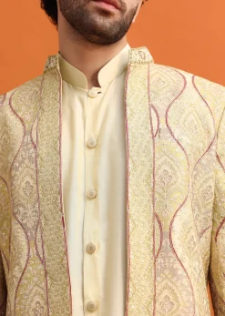 Peach Silk Indowestern Set With Hand Work For Men