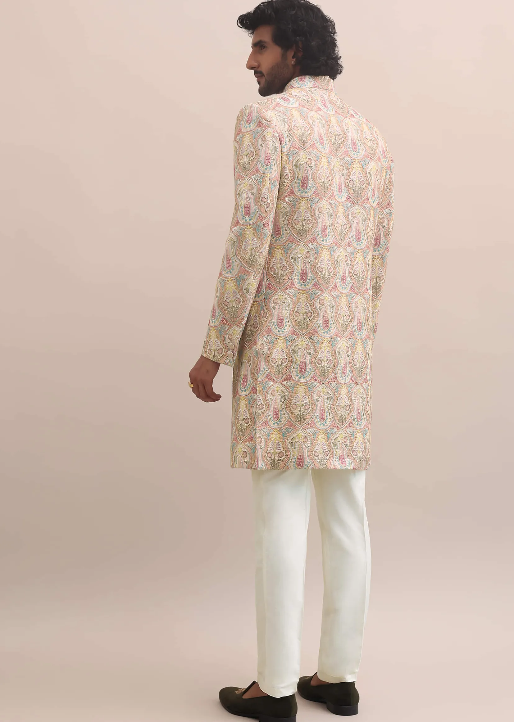 Peach Silk Jodhpuri Suit In Threadwork For Men