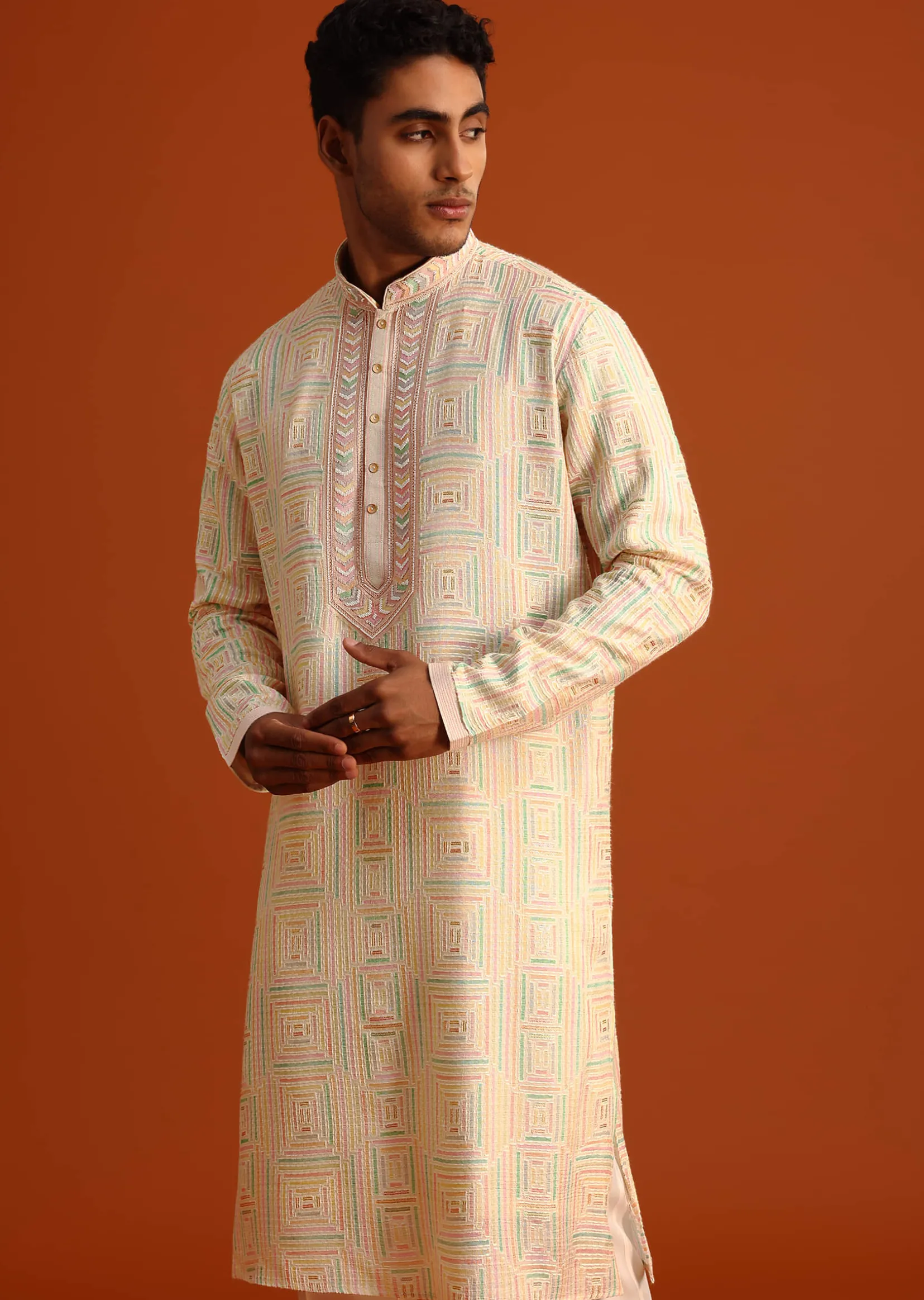 Peach Silk Kurta Pant Set With Hand Work on Yoke