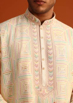 Peach Silk Kurta Pant Set With Hand Work on Yoke