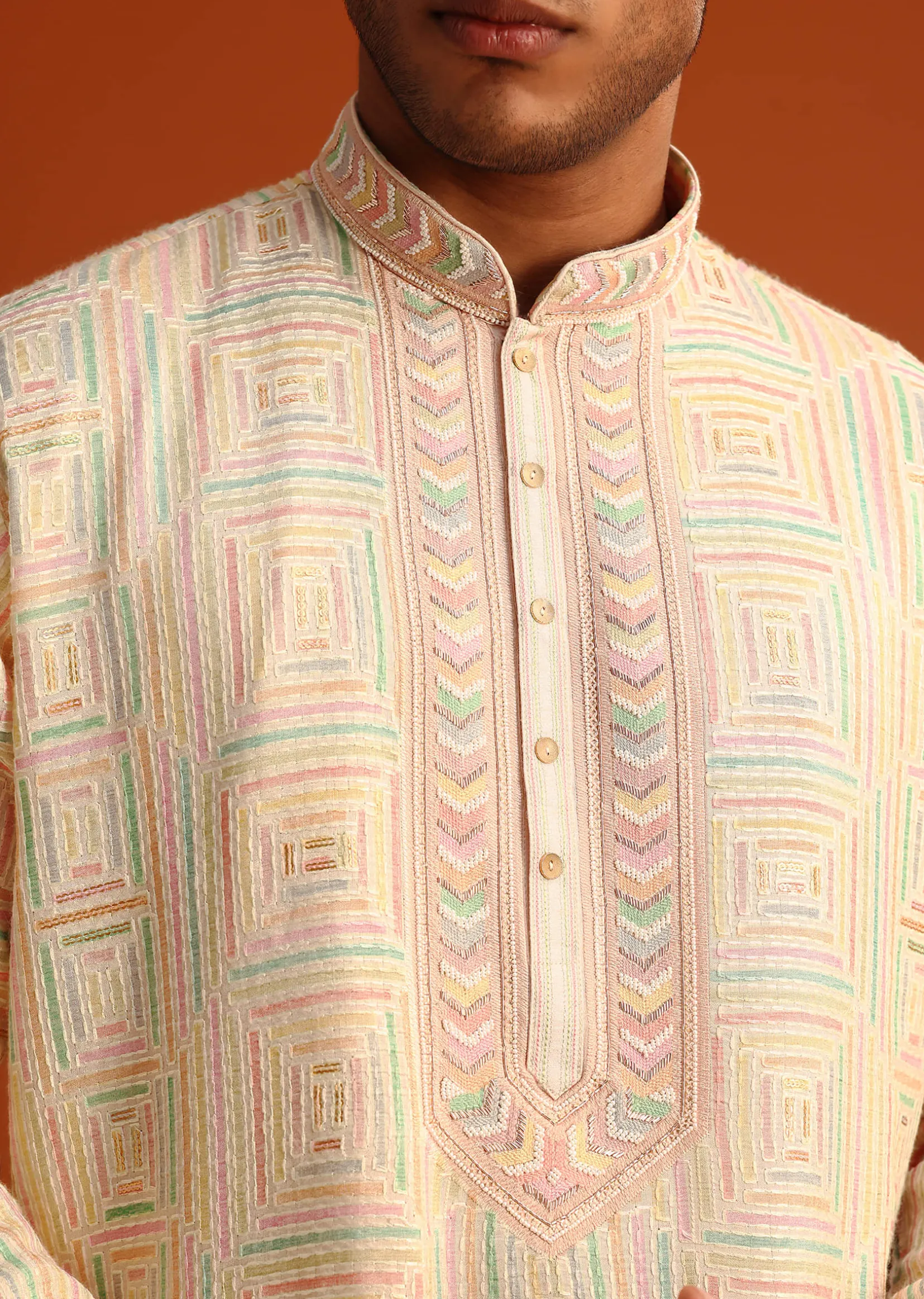 Peach Silk Kurta Pant Set With Hand Work on Yoke