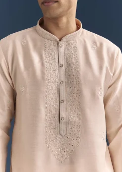 Peach Silk Kurta Set For Men With Thread And Mirror Embroidery