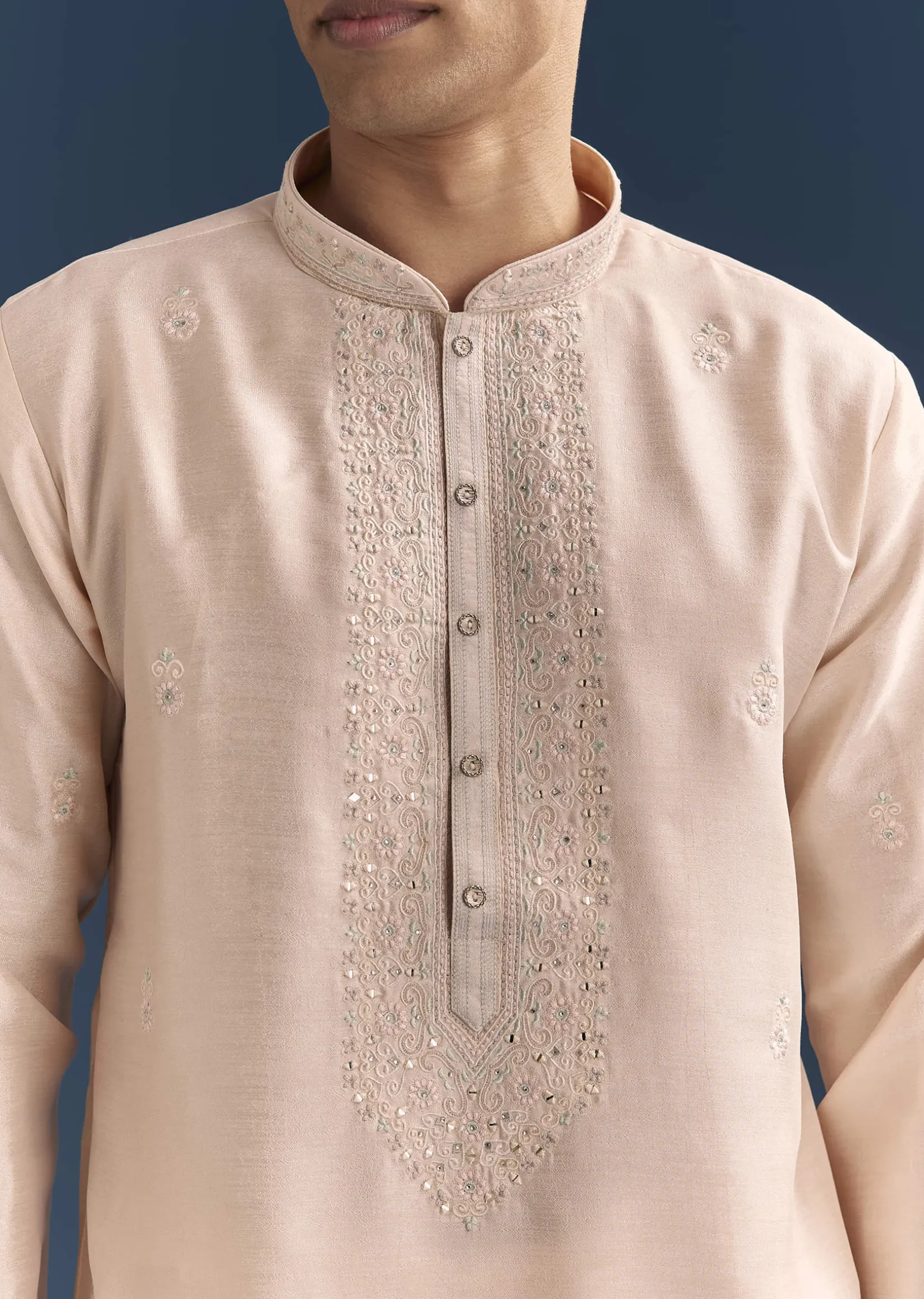 Peach Silk Kurta Set For Men With Thread And Mirror Embroidery