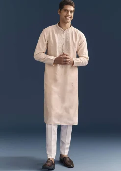 Peach Silk Kurta Set For Men With Thread And Mirror Embroidery
