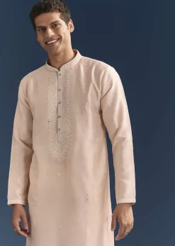 Peach Silk Kurta Set For Men With Thread And Mirror Embroidery