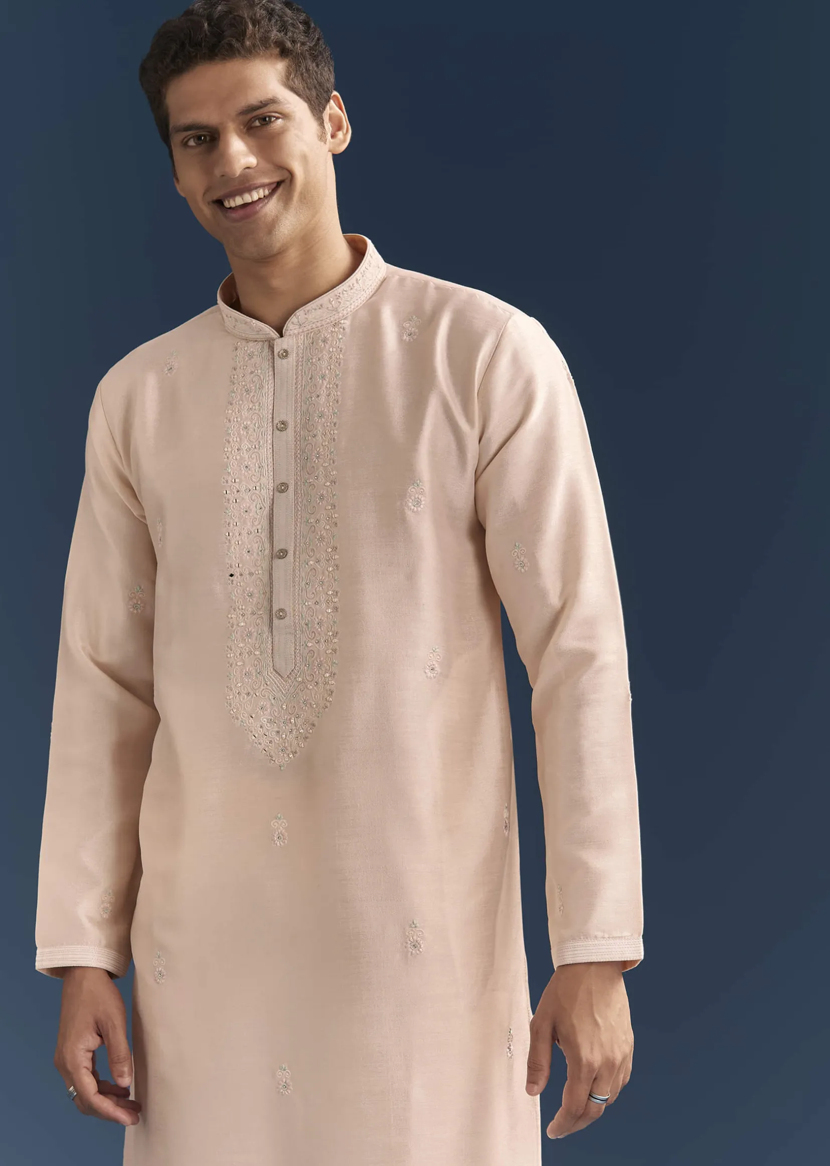 Peach Silk Kurta Set For Men With Thread And Mirror Embroidery
