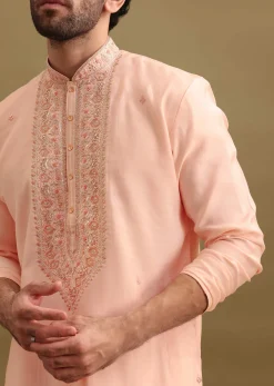 Peach Silk Kurta Set With Zari Work For Men