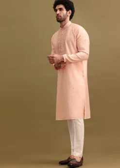 Peach Silk Kurta Set With Zari Work For Men