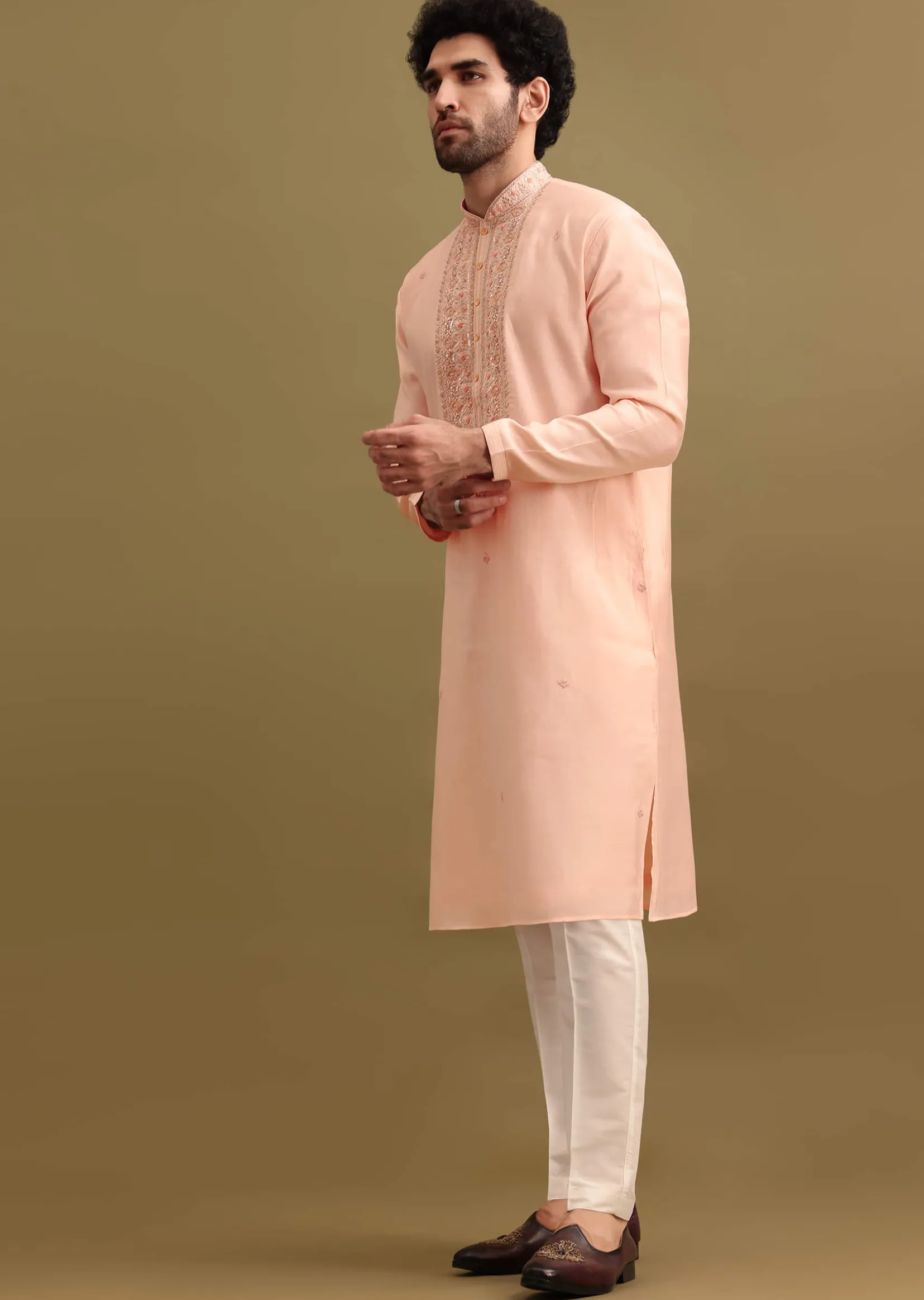 Peach Silk Kurta Set With Zari Work For Men
