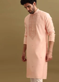 Peach Silk Kurta Set With Zari Work For Men