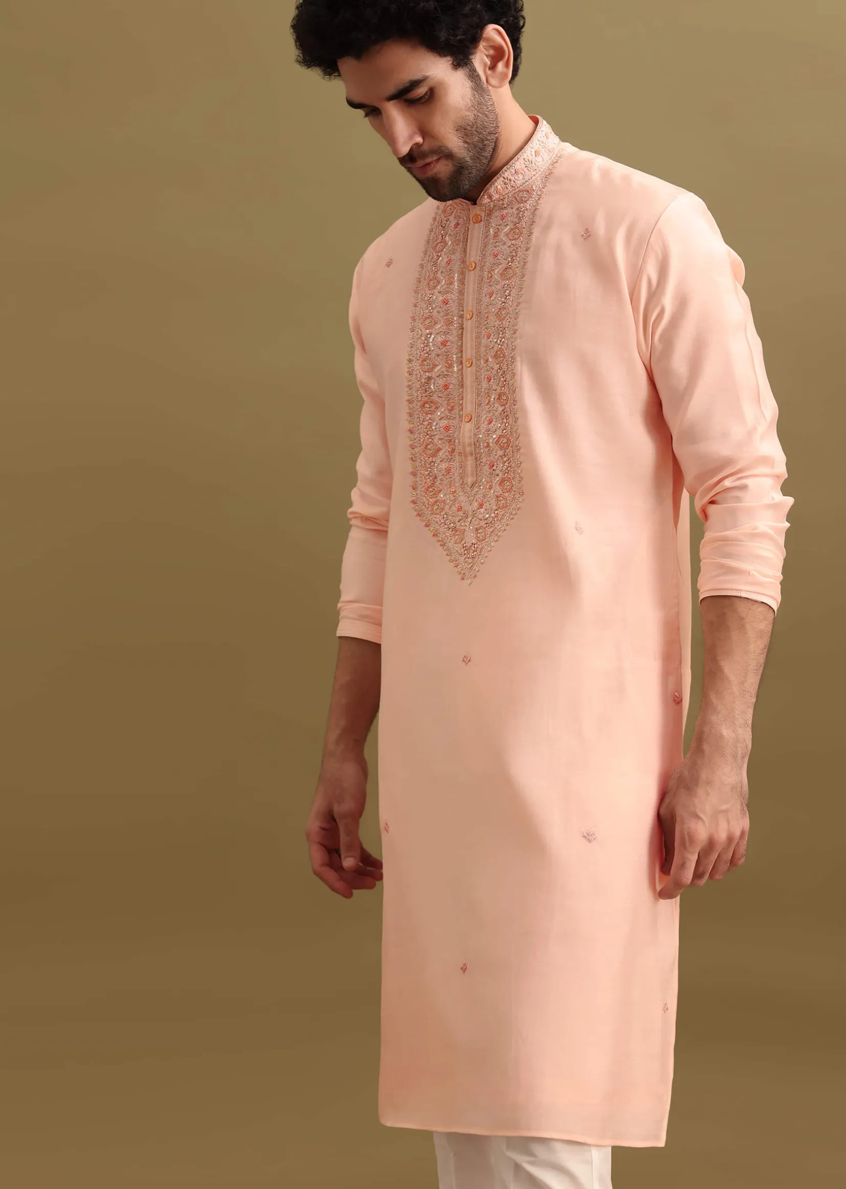 Peach Silk Kurta Set With Zari Work For Men