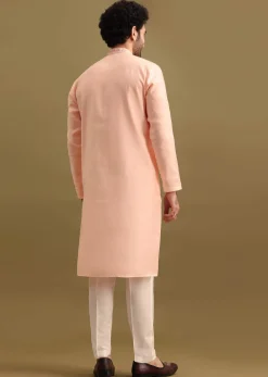 Peach Silk Kurta Set With Zari Work For Men