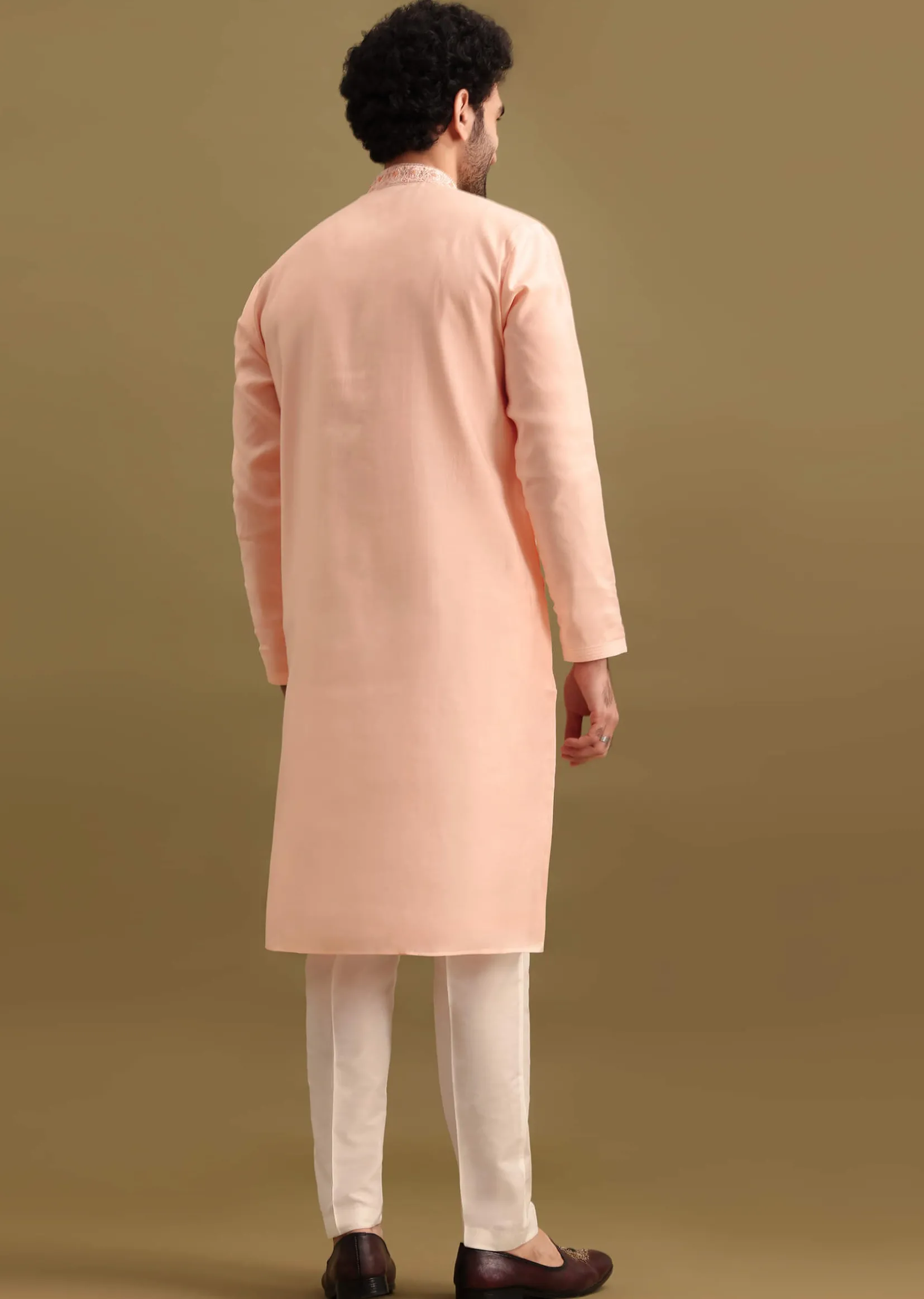 Peach Silk Kurta Set With Zari Work For Men