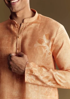 Peach Silk Kurta Set With Mandarin Collar
