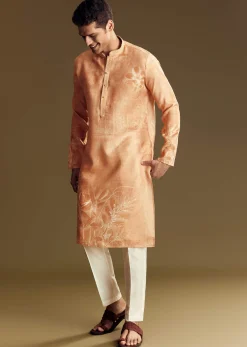Peach Silk Kurta Set With Mandarin Collar